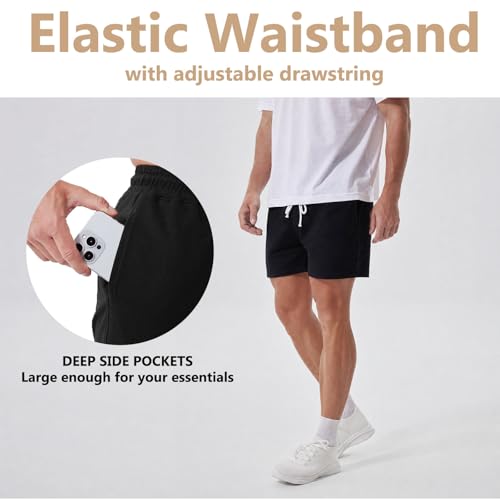 Jeixopu Mens Athletic Gym Shorts 5" Cotton Jogger Workout Casual Lounge Sweat Shorts with Pockets (Black-L) - image 3