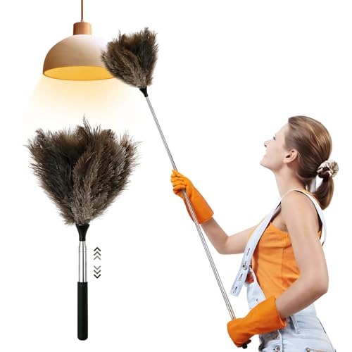 GWCYMYD Extendable Ostrich Feather Duster, 45'' Reusable Ostrich Feather Duster with Metal Handle, Fluffy Natural Genuine Feathers Cleaning Supplies for Cleaning Ceiling Fan, Blinds, Car (Black 116cm)