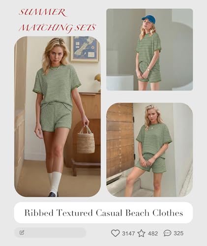 Image of MARZXIN Women 2 Piece Shorts Set 2026 Casual Summer Cruise Outfits Ribbed Loose Short Sleeve Pocket Matching Lounge Sets