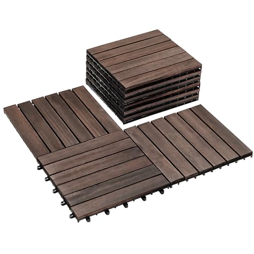 PrimeZone 9 PCS Solid Acacia Wood Interlocking Patio Deck Tiles, ...