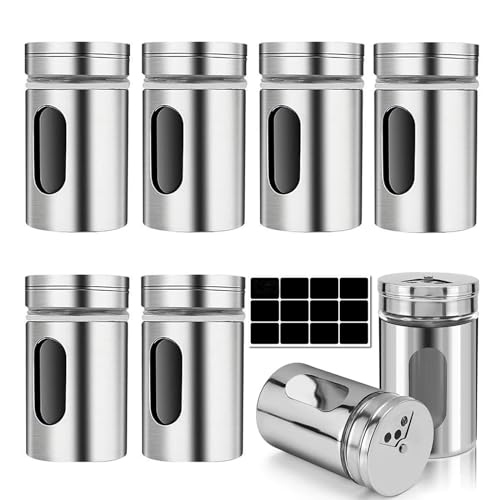 Set di 8 barattoli per spezie, 80 ml, con regolazione a 3 posizioni, con etichette, spargispezie con coperchio in acciaio inox di alta qualità, mini spargispezie in vetro, contenitore per sale e pepe,