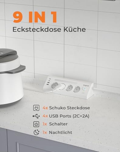 Ecksteckdose Küche mit USB C Steckdosenleiste Überspannungsschutz USB mit Schalter und LED-Nachtlicht Mehrfachsteckdosen Küche und Büro, 1.8M Kabel Weiß
