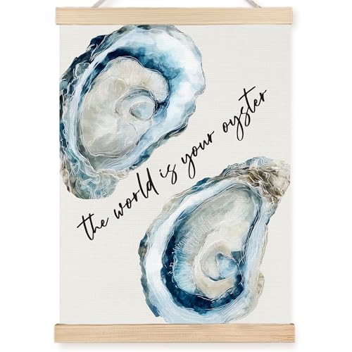 Image of PQKIY Coastal Beach Oyster Shell Wall Art Poster Hanger Frame 12x16 in, World Is Your Oyster Inspirational Ocean Wall Decor Canvas Prints for Beach Home Living Room Bedroom