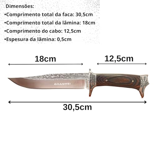Faca Artesanal Para Churrasco Cabo de Madeira Lâmina em Aço Inoxidável Estructura Monobloco Com Bain
