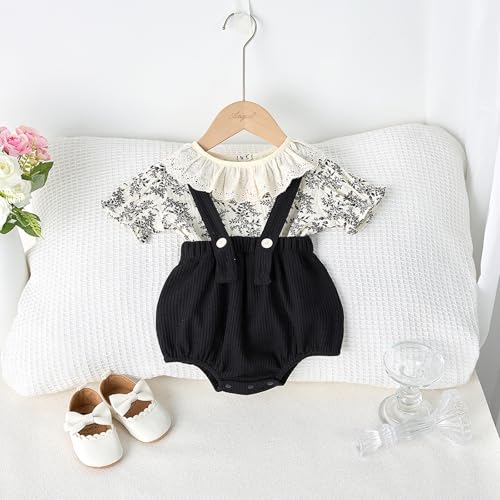 2-Piece Baby Girl Outfit - Long-Sleeve Peter Pan Collar Top & Suspender Romper for Outdoor Wear3
