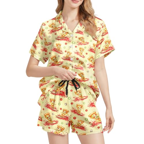 Image of Funny Satin Pajamas Set for Women Button Down Sleepwear Print Pjs Set 2 Piece Short Sleeve Loungewear Gift for Women