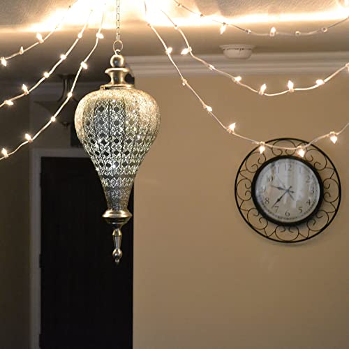 Westcharm Extra Large 27”H Antique Silver Oriental Moroccan Ramadan Lantern Metal Hanging Pendant Light Candle Lantern Lamp Indoor Outdoor Decorative Décor - 42" H With Chain #TOP1
