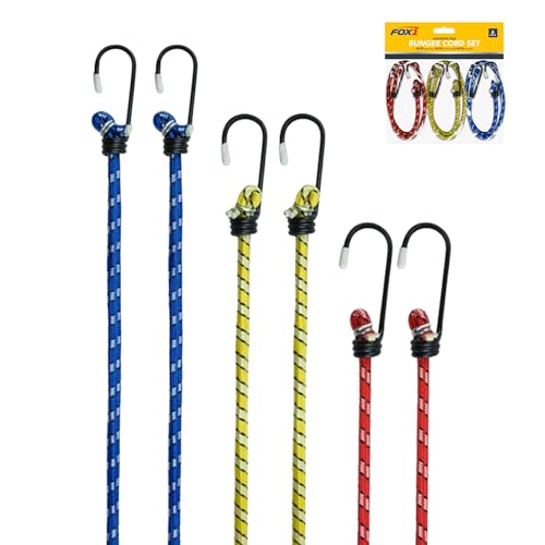 Fox1 Bungee Cords With Hooks - Pack of 6 Heavy Duty Bungee Cord UV Resistant Double Braided Elastic Long Bungee Straps For Securing Outdoor Tents,Bike,Luggage & Cargo (6)