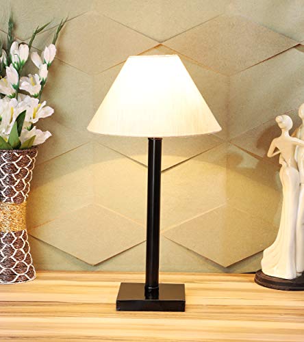 Image of tu casa Modern Black Metal Table Lamp with Off-White Cotton Shade for Bedroom, Living Room & Desk