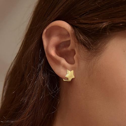 Gold Star Hoop Earrings for Teen Girls Women - Sterling Silver Double Sided Earrings Hypoallergenic Cubic Zirconia Star Earrings Double Star Loop Earrings Fashion Women's Earrings Gifts for Christmas2