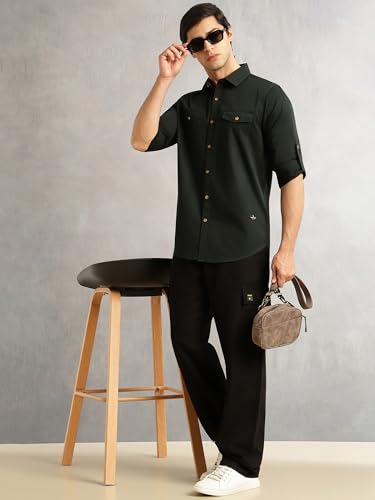 Image of Thomas Scott Men's Slim Fit Cotton Twill Casual Shirt | Long Sleeve | Spread Collar | 2 Flap Pockets | Solid Design