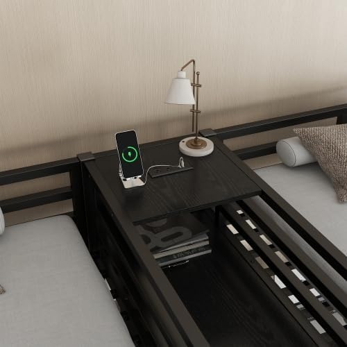 Bellemave Twin Over Twin Loft Bed with Double Desk, Wardrobe & Shelves, Metal Loft Bed Frame with 2 Electrical Outlets, Noise-Reduced Design, Black