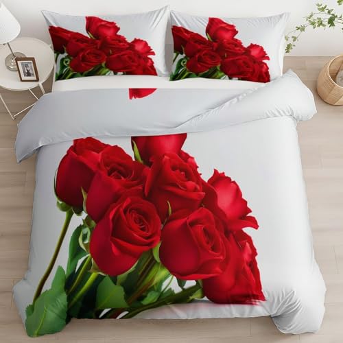 Housse de couette 240 x 220 fleurs rouges parure de lit luxe en microfibre douce toucher soie
