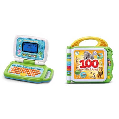 VTech LeapFrog 2 in 1 LeapTop Touch Laptop, Green, Learning Tablet for Kids with 10 Modes of Play & LeapFrog 100 Animals Book, Baby Book with Sounds and Colours for Sensory Play, Educational Toy