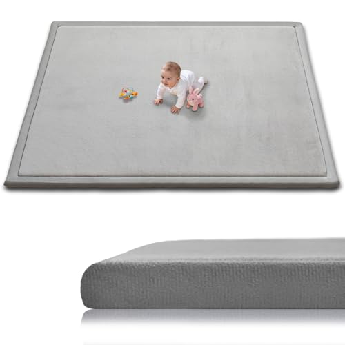 Image of Baby Play Mat for Floor, 1.3 Inch Thick Memory Foam Tummy Time Mat with Non Slip Backing, Soft Coral Velvet 71X79 Inch Playpen Mat Crawling Tatami for Infants Toddlers Kids, Light Grey