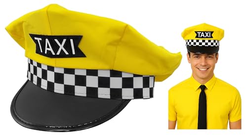 Nicky Bigs Novelties Yellow Taxi Driver Hat Classic Cab Driver Festival Cap Adjustable Unisex Snapback Halloween Cosplay Costume Accessory for Men Women Black and White Checkered Band with Taxi Badge