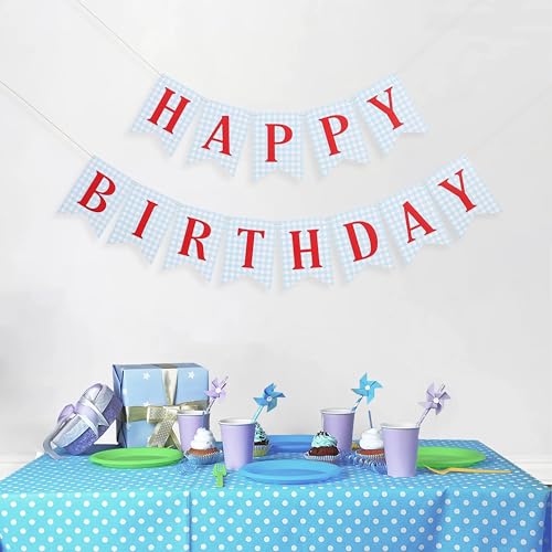 Blue and red Happy Birthday Banner - Happy 1st Birthday decorations, Blue Gingham with Red Letters Happy Birthday Banner by Agkvw - Used condition - Image 3
