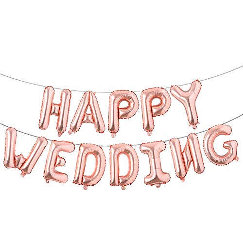 Happy wedding Balloons, Aluminum Foil Banner Balloons for wedding Party Decorations and Supplies (Rose Gold)