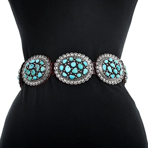 Navajo Genuine Sleeping Beauty Turquoise Concho Belt Hammered Silver Cluster Pattern on Genuine Leather 0007 - Image 2