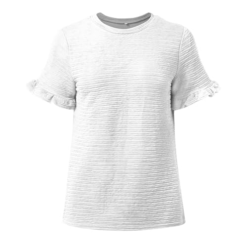 Camiseta de manga corta con cuello redondo y volantes para mujer, Blanco, XL