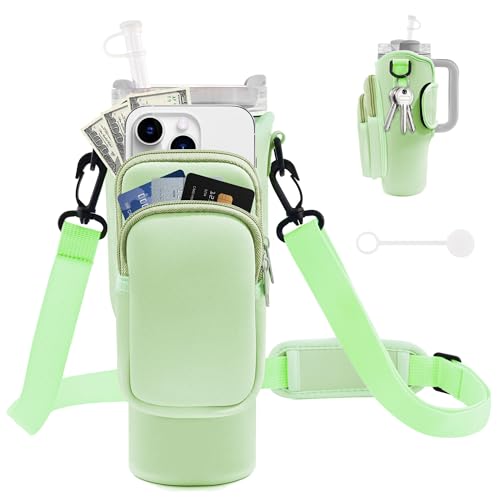 Image of Water Bottle Carrier Bag with Phone Pocket for Stanley Cup 40 /30 oz, Water Bottle Holder with Adjustable Strap& Straw Cover, Stanley Cup Accessories (Mint Green)