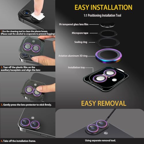 Rayorcon Camera Lens Protector for iPhone 16 & iPhone 16 Plus, Tempered Glass Lens Protector Aluminum Alloy Ring Camera Cover Fits for iPhone 16/iPhone 16 Plus (Diamond Colorful) by Rayorcon - Image 6