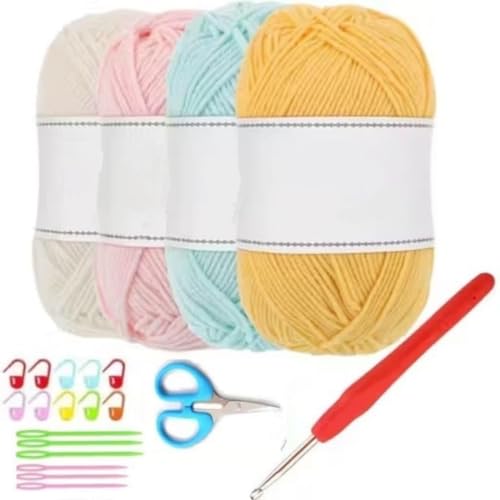 Image of Dodhar 4 PCS Crochet Yarn Set, Soft Fluffy Knitting Yarn with Crochet Hook, Scissors & Stitch Markers - Pastel Color Thread for Crochet & Hand Knitting (4 Yarn kit)