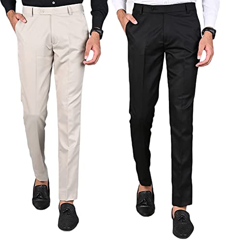 Image of Slim Fit 2 Formal Trousers Combo for Men - Polyester Viscose Formal Pants for Gents - Office Formal Pants for Men