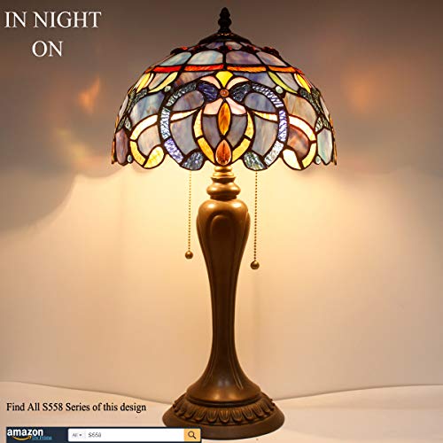 Werfactory Tiffany Style Table Lamp Blue Purple Cloud Stained Glass Bedside Desk Reading Light 12X12X22 Inches Decor Bedroom Living Room Home Office S558 Series #TOP4