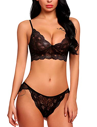 ADOME Lingerie Set for Women Sexy Lingerie Bra and Panty Set Strappy Babydoll Bodysuit (Medium, Black)