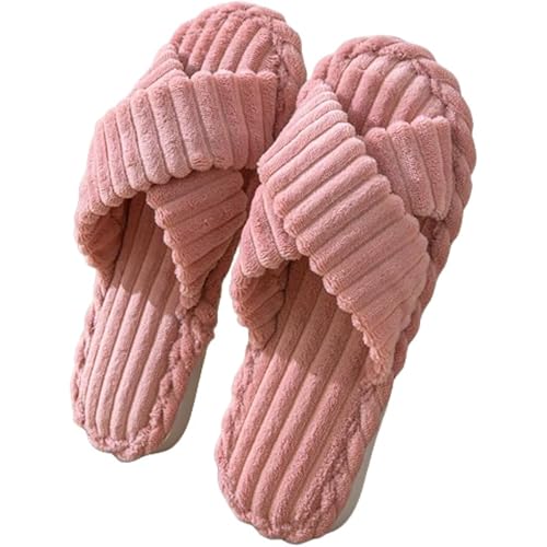 Image of SILENCIO Slippers for Women House Bedroom Furry Cross Bands Slide Shoes Anti-Skid Sole Open Toe Slippers Indoor & Outdoor