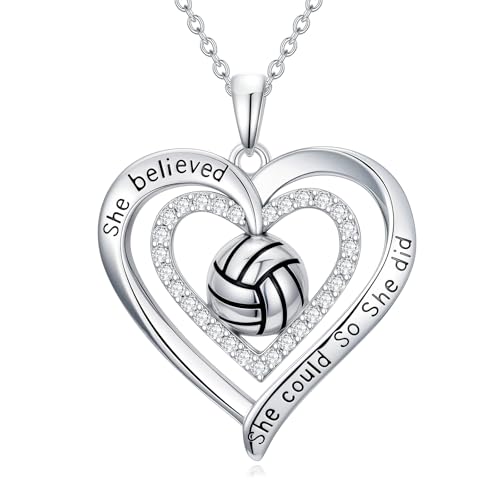 Sports Necklace 925 Sterling Silver Double Heart Softball/Volleyball/Soccer/Baseball/Basketball Pendant Sports Jewelry Birthday Christmas Gifts for Women