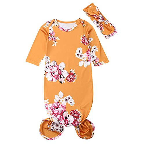 Newborn Silky Knotted Baby Girl Floral Gown with Headband Set, Infant Long Sleeve Sleepwear Nightgown (Yellow, 0-6 Months)