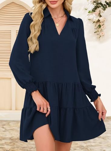 Wkior Casual Dresses for Women Long Sleeve Fall Lapel Collared V Neck Pleated Midi Dress 20254
