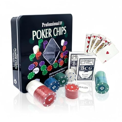 Shop SoftAir Juego de póquer profesional, caja de metal, 100 fichas de póquer, 2 barajas de cartas, fichas distribuidores, 20 x 20 x 5,5 cm, para adultos