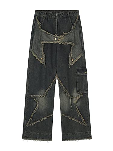 Vamtac Distressed Effect Patchwork Star Denim Jeans Baggy Harajuku Hip Hop Pants Streetwear Baggy Vintage Trousers