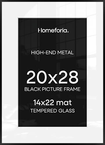 Image of Homeforia 20 x 28 Picture Frame Black, High End Metal 20x28 Poster Frames with Mat 14x22 for Photo, 20 x 28 Black Frame Matted to 14 x 22 Print, 28x20 Hanging Frame, Tempered Glass, Wall Kit, Set of 3