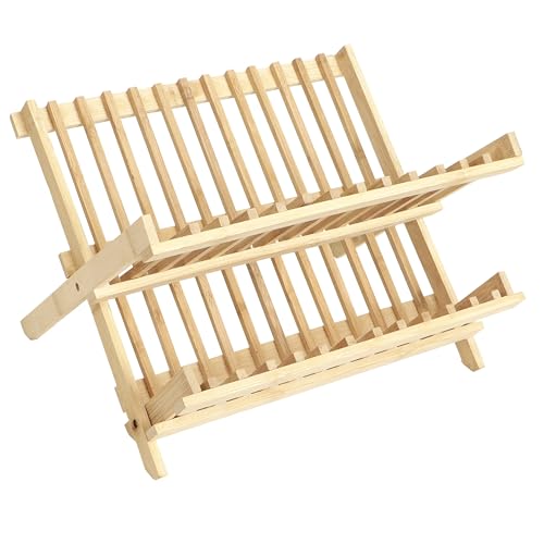 Image of HOKIPO Folding 2-Tier Bamboo Plate Stand, (NEW-AR-4)