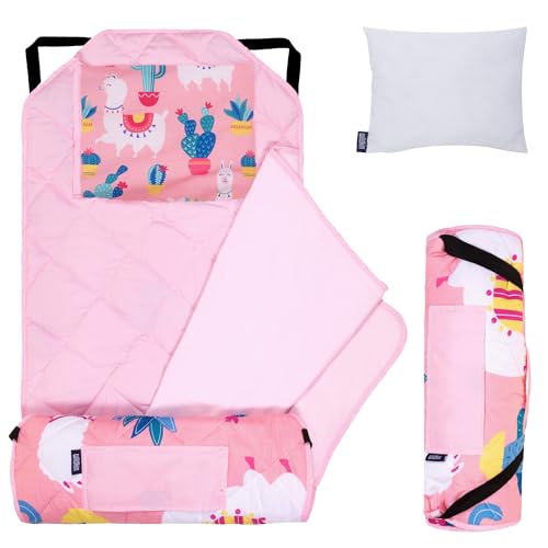 Image of Wildkin Modern Kids Nap Mat with Pillow for Girls - Cotton Blend, Elastic Straps, Toddler Sleep Mat for Daycare, Preschool, Kindergarten & Travel, Ages 3-7, Machine Washable - Llamas and Cactus Pink