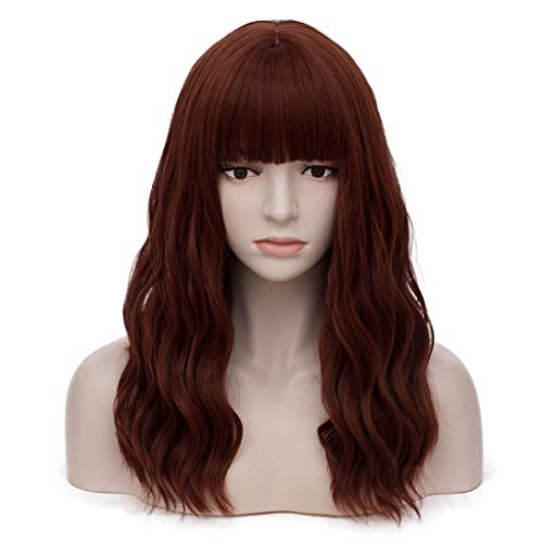 Women's Auburn Wavy Wig with Bangs Middle Length Synthetic Wigs for Daily Use or Costume (Auburn)