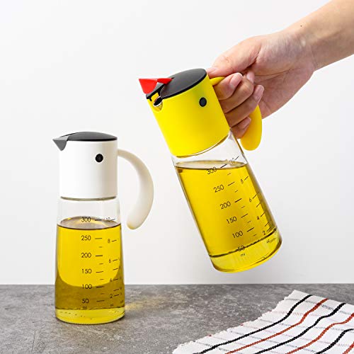 Olive Oil Dispenser Bottle for Kitchen Cooking - Auto Flip Condiment Container With Automatic Cap and Stopper - Leakproof Vinegar Glass Cruet Stainless Steel Non-Drip Spout (white and yellow) - Thumbnail 7