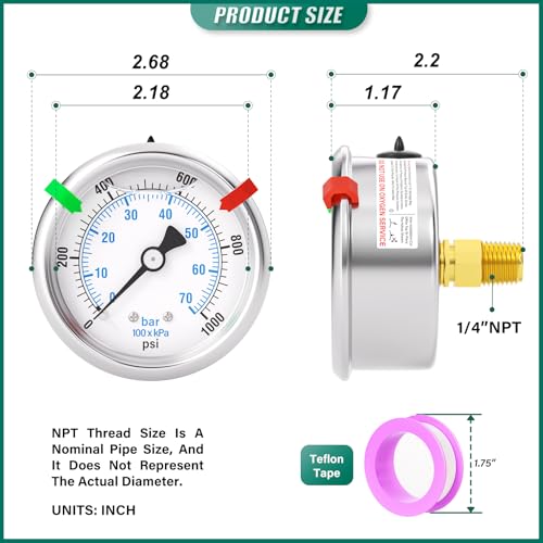 Image of 0-1000PSI Stainless Steel Liquid Filled Pressure Gauge, 2.5 inch Dial Size, 1 /4 inch NPT Back Mount, for Tube, Water Pump, Gas, Liquid, Pressure Test (with Range Mark Pointer)
