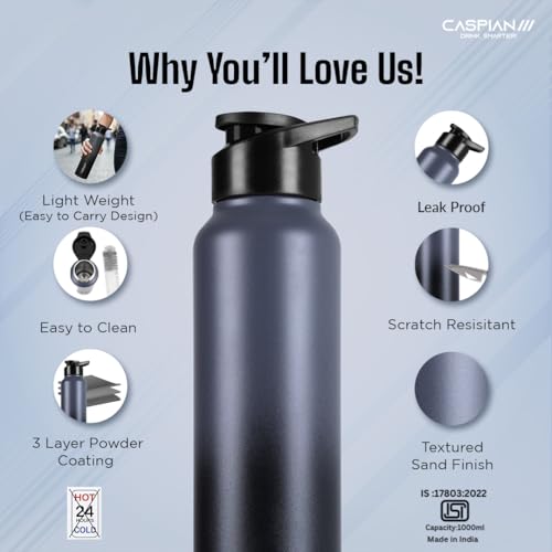 Image of CASPIAN / / / HIke ISI Certified Stainless Steel Water Bottle 1 ltr. (Graphite, 1 Litre) | Leak Proof Sipper for Fridge Home Office Travel School Kids Boys Girls Adults Sports Gym Yoga Gift | BPA Free