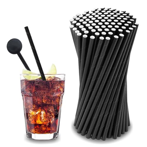 Pailles en Papier, Paquet de 100 Pailles Carton (Diamètre 6 mm 19,7 cm), Pailles de Couleur Unie, Adaptées aux Cocktails, Cafés et Célébrations, Soirées Long Drink (Noir)