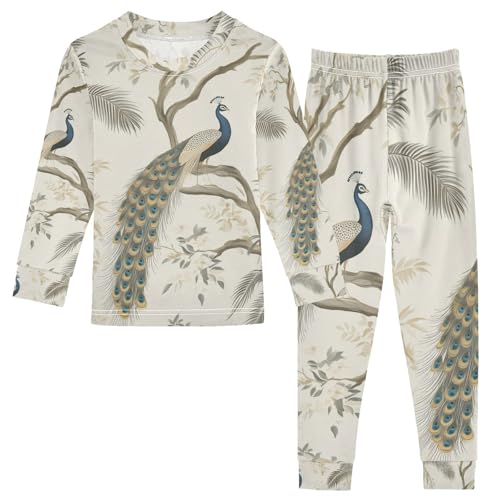 Fustylead Vintage Garden Peacock Palm Floral Pajamas Cotton Sleepover PJ Set Long Sleeve Lounge Wear