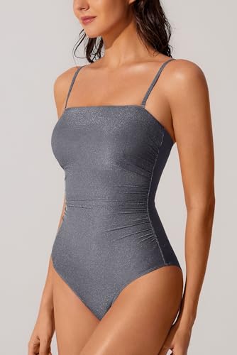 RXRXCOCO Women Tummy Control One Piece Swimsuits Off Shoulder Strapless Bathing Suits Slimming Swimwear Grey XL — view 2