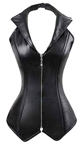 Charmian Women's Steampunk Goth Spiral Steel Boned Halter Faux Leather Vest Zip Top Rock Biker Corset Bustier Black X-Large