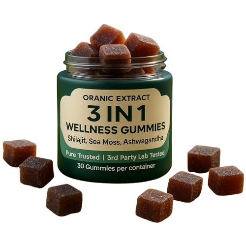 ORANIC EXTRACT 3IN1 Shilajit Wellness Gummies, Ashwagandha, Sea Moss, Energy & Immune Support for Man & Women, Trace Mineral & Fulvic Acid Rich, Organic, Vegan, Non-GMO, 30 Gummies