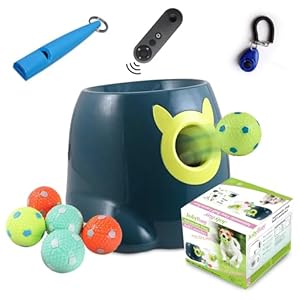Automatic Dog Ball Launcher with Remote Control – Interactive Fetch Machine Thrower for Small and Medium Sized Dogs with 6 High-Bounce Washable Latex Balls, Training Clicker, and Whistle – Blue