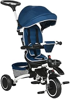HOMCOM 6 in 1 Kids Trike with Parent Handle Foldable Toddler Push Along Trike Tricycle w/ Reversible Seat Removable Canopy Handrail Storage Footrest for 1-4 Years Blue